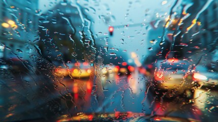 A blurred view of car headlights shining through rainy windshield capturing the chaotic energy of a busy downtown intersection during a storm. - obrazy, fototapety, plakaty