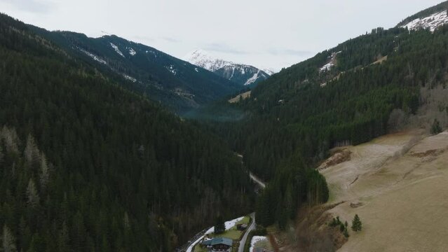 Saalbach-Hinterglemm ski resort nestled in the Austrian Alps, aerial view