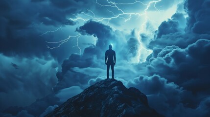 A man stands on a rocky outcrop his silhouette outlined against a dramatic backdrop of stormy clouds and lightning strikes. . .