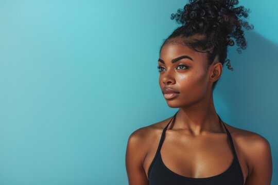 African American female model with a bun hairstyle against a light blue background.
