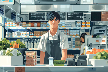 Fototapeta premium The young seller collects the order for the buyer.