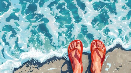 Women's feet in flip-flops by the sea. Summer vacation. - obrazy, fototapety, plakaty