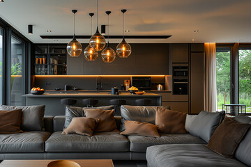Modern kitchen with Pendant lights hanging on ceiling and sofa