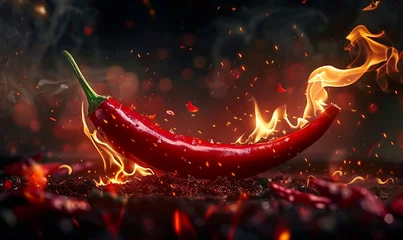 Foto op Canvas Fiery Red Chili Pepper, Intense Heat and Spice in Close-up, Amidst Dark, Smoky Ambiance © AhmadTriwahyuutomo