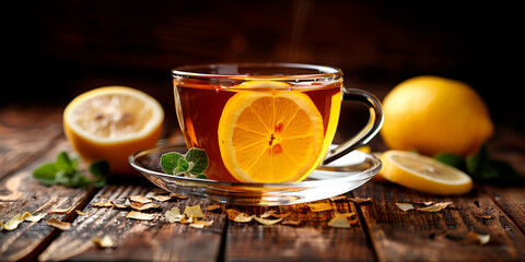 Tea with lemon on a wooden table. A delicious tea party.
