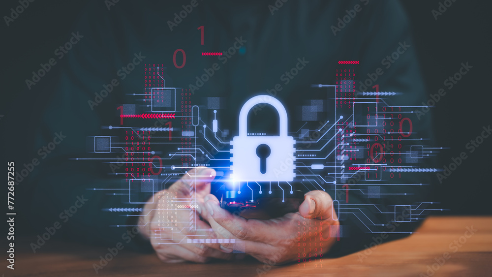 Poster Business leader actively safeguarding personal data on smartphone via virtual screen interfaces to enhance cyber resilience. Cybersecurity and privacy concept to protect data.