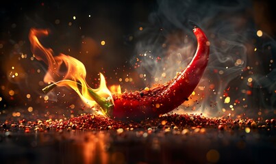 Fiery Red Chili Pepper, Intense Heat and Spice in Close-up, Amidst Dark, Smoky Ambiance