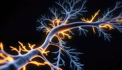 3D Rendered Neuron Close-Up on Black Background - obrazy, fototapety, plakaty