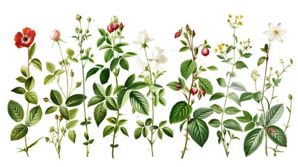 A botanical illustration showing a variety of plants with flowers, leaves, and fruits, in a detailed vintage style.