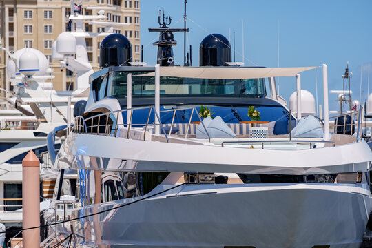 Closeup photo of luxury yachts at the Palm Beach International Boat Show