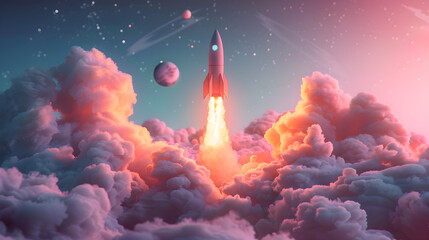 3D rendering rocket space launching illustration for International Day for Human Space Flight concept - obrazy, fototapety, plakaty
