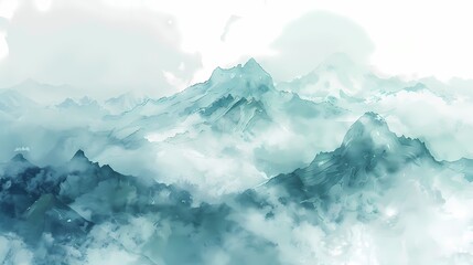 Watercolor clouds and mist surrounding fairyland mountains illustration poster background - obrazy, fototapety, plakaty