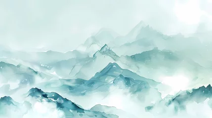 Wandaufkleber Watercolor clouds and mist surrounding fairyland mountains illustration poster background © jinzhen