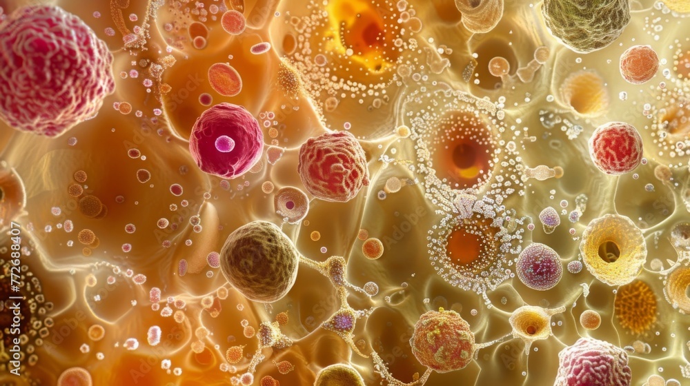 Poster a magnified view of a smear displaying a patchwork of different types of cells resembling a diverse 