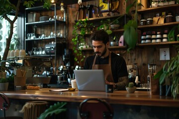 Man Working on Laptop in Cozy Cafe with Botanical Decor, Urban Workspace
