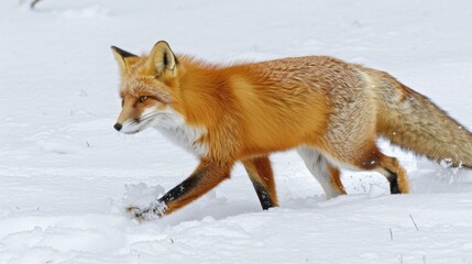 Obraz premium A sleek fox pauses in its tracks its bright copper coat starkly contrasted against the pure white snow as it listens for movement beneath the frozen surface.