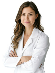 Woman in a white medical coat, standing with her arms crossed and smiling