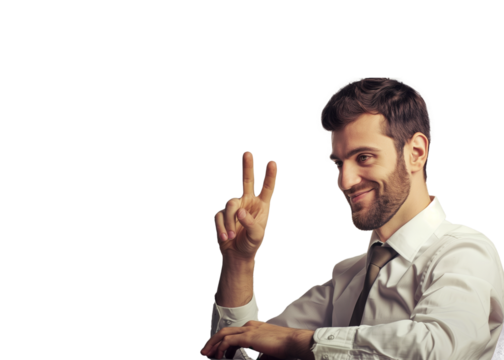 side view of a business man working and making the ok gesture