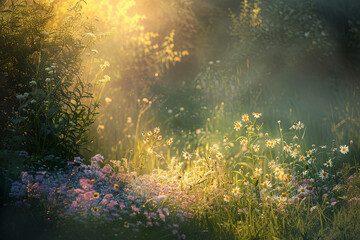 A meadow filled with flowers during sunset