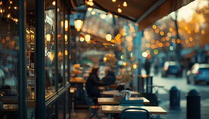 Captivating exterior shot captures bustling café ambiance through beautiful bokeh effect - obrazy, fototapety, plakaty
