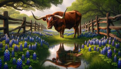 A stately Texas Longhorn cattle standing near a tranquil pond, enveloped by a lush field of bluebonnets under a canopy of live oak trees.