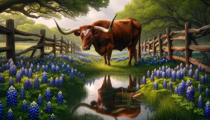 Fotobehang A stately Texas Longhorn cattle standing near a tranquil pond, enveloped by a lush field of bluebonnets under a canopy of live oak trees. ©  Visual Pioneer