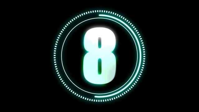 カウントダウン。10から１までを３Dの立体文字で立体的に表現。１を２秒でスロー表現。サイバーテイストで黒背景。