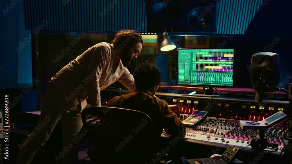 Poster Tracking engineer collaborating with musician to edit sounds in studio control room, recording tunes to create a new album. Audio expert operating audio mixer and controller. Camera B.