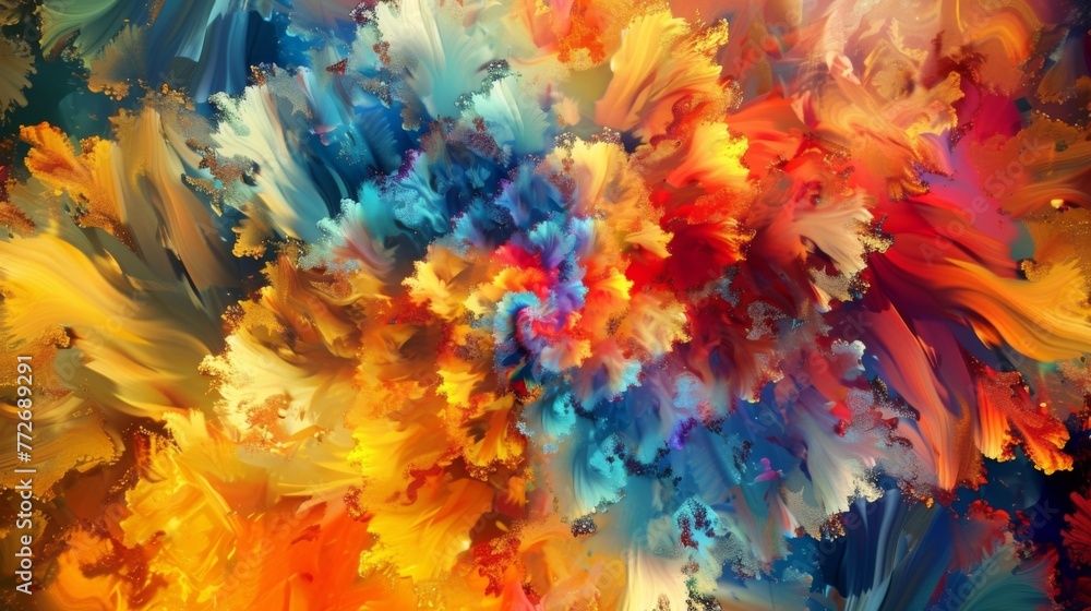 Poster a swirl of vivid colors unfolds in a mesmerizing explosion creating a kaleidoscopic effect.