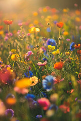 Obraz premium A meadow filled with flowers during sunset