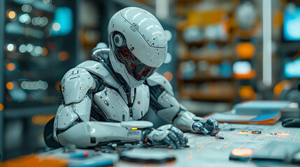 A futuristic artificial intelligence robot working on manual productions inside a factory, replacing the requirements for human workforce - obrazy, fototapety, plakaty