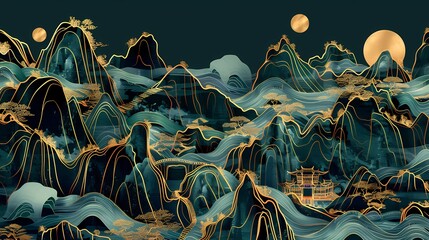 Traditional golden green mountain pavilions illustration poster background