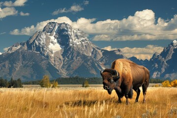 Bison in front of Grand Teton Mountain range with grass in foreground 