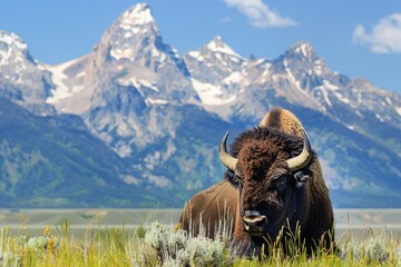 Bison in front of Grand Teton Mountain range with grass in foreground 
