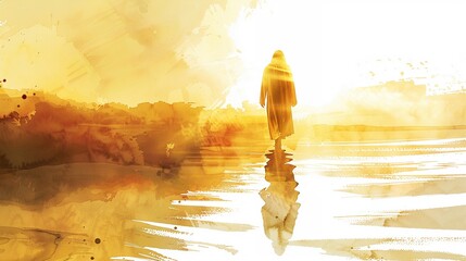 Jesus walking on water under a golden watercolor sunrise - obrazy, fototapety, plakaty