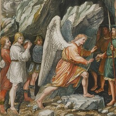 Light-hearted hand-drawn depiction of the angel rolling away the stone - obrazy, fototapety, plakaty