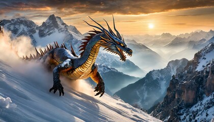 dragon warrior sliding down a mountain side packed with snow and steam is coming of the dragon - Powered by Adobe