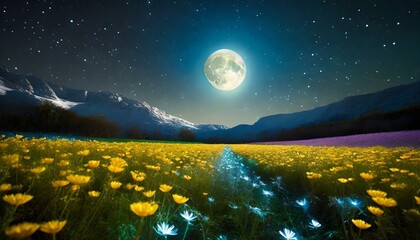 flower field at night with a shining moon