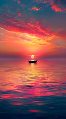 Transcendent Solitude: A Scenic Sunset View over the Ocean with a Solitary Boat in the Distance