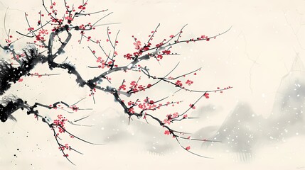 Obraz premium Digital snow scene ink plum blossom abstract illustration poster web page PPT background