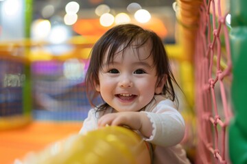 Portrait of asian cute toddler smiling naturally in the indoor playground happily playing