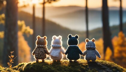 In silhouette, a group of tiny, cute stuffed dolls  - obrazy, fototapety, plakaty