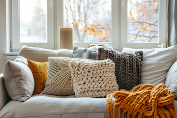 Scandinavian, hygge interior design of modern living room, home. Cozy sofa with pillows and knitted throw against window