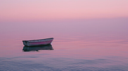 A lone boat gently gliding across a calm lake surrounded by the soft pinks and purples of the fading daylight. . .