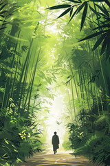 Poster design of a human figure walking through a bamboo forest