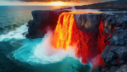 on the edge of a vast ocean granite structures looms a Gigantic waterfall of red hot molten - Powered by Adobe
