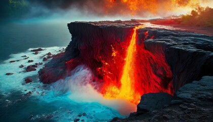 on the edge of a vast ocean granite structures looms a Gigantic waterfall of red hot molten