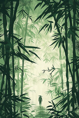 Poster design of a human figure walking through a bamboo forest