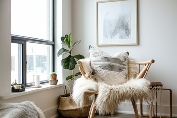 Furniture Chair with fur blanket in living room by window, cozy interior design - obrazy, fototapety, plakaty