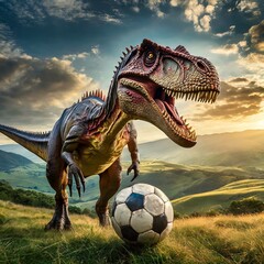  t-rex playing football with beautiful skies and hills in the background